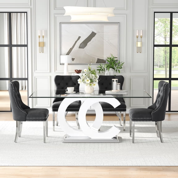 5-Piece 70" Glass Dining Table Set, Tempered Glass Top with OC Shape Frame & Stainless Steel Base, 4 Velvet Chairs with Stainless Steel Legs