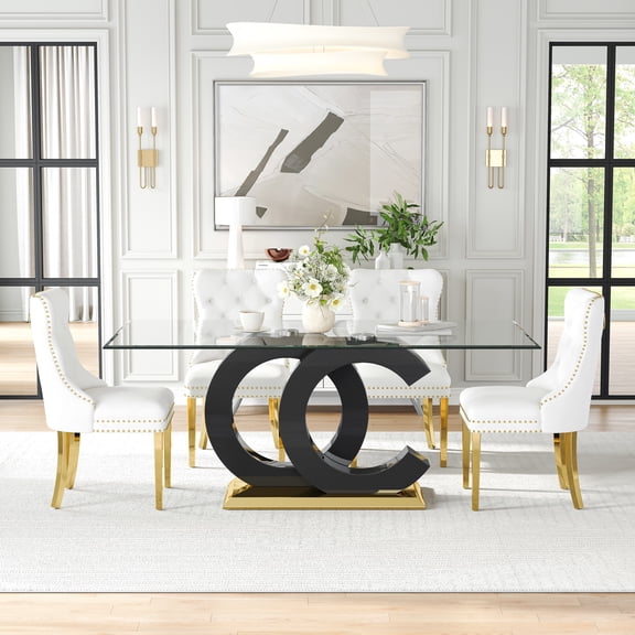 5-Piece 70" Glass Dining Table Set, Tempered Glass Top with OC Shape Frame & Stainless Steel Base, 4 Velvet Chairs with Stainless Steel Legs