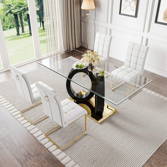 5-Piece 70" Glass Dining Table set, Tempered Glass Tabletop with Double O-Shape Frame & Stainless Steel Base, 4 PU Cantilever Chairs with Stainless Steel Legs