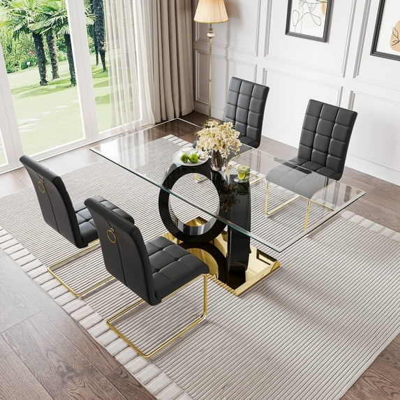5-Piece 70" Glass Dining Table set, Tempered Glass Tabletop with Double O-Shape Frame & Stainless Steel Base, 4 PU Cantilever Chairs with Stainless Steel Legs