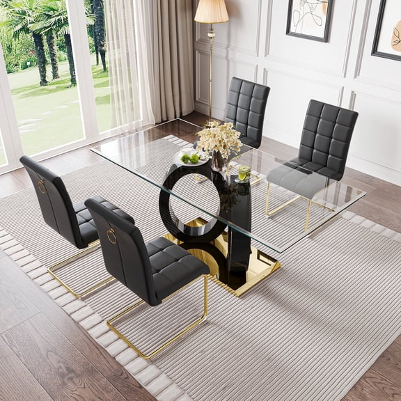 5-Piece 70" Glass Dining Table set, Tempered Glass Tabletop with Double O-Shape Frame & Stainless Steel Base, 4 PU Cantilever Chairs with Stainless Steel Legs