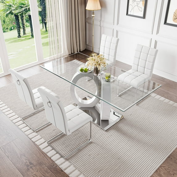 5-Piece 70" Glass Dining Table set, Tempered Glass Tabletop with Double O-Shape Frame & Stainless Steel Base, 4 PU Cantilever Chairs with Stainless Steel Legs