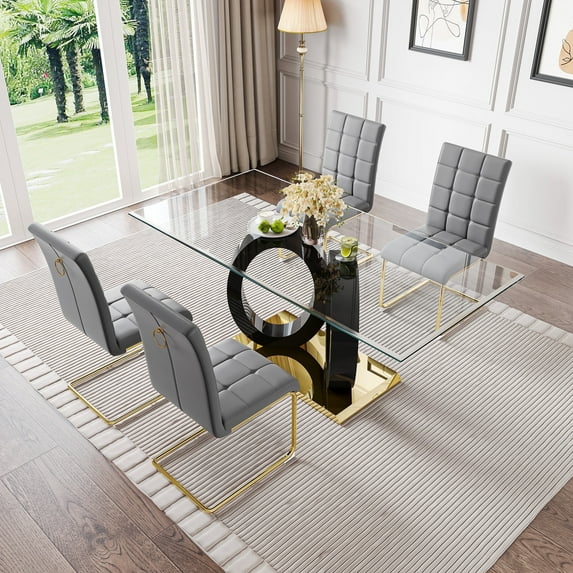 5-Piece 70" Glass Dining Table set, Tempered Glass Tabletop with Double O-Shape Frame & Stainless Steel Base, 4 PU Cantilever Chairs with Stainless Steel Legs