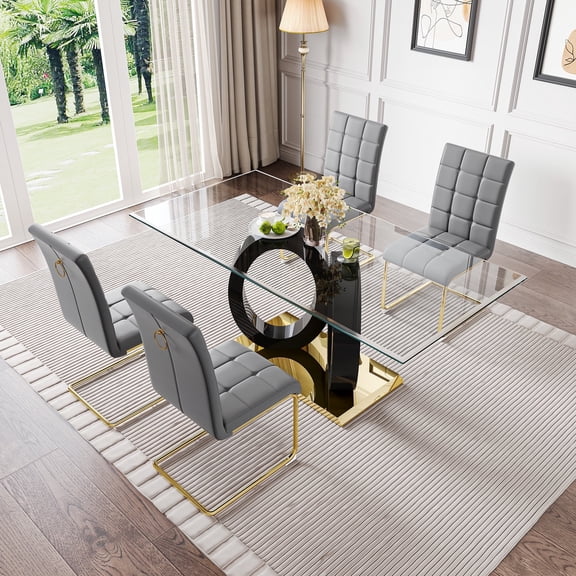 5-Piece 70" Glass Dining Table set, Tempered Glass Tabletop with Double O-Shape Frame & Stainless Steel Base, 4 PU Cantilever Chairs with Stainless Steel Legs