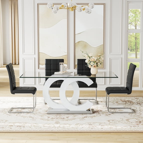 5-Piece 70" Glass Dining Table set, Tempered Glass Tabletop with OC Shape Frame & Stainless Steel Base, 4 PU Cantilever Chairs with Stainless Steel Legs
