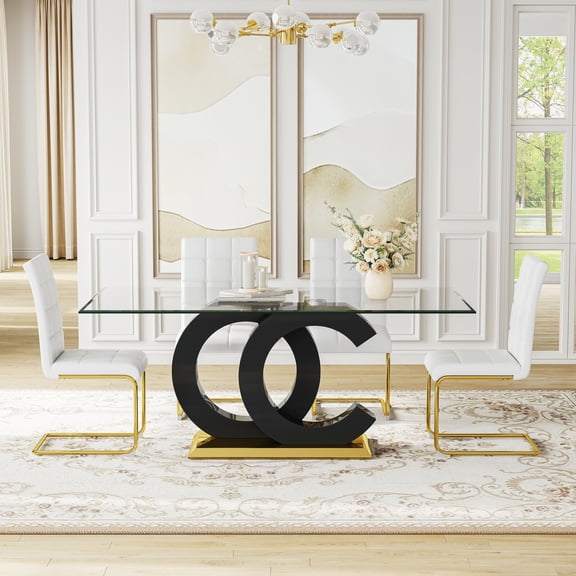 5-Piece 70" Glass Dining Table set, Tempered Glass Tabletop with OC Shape Frame & Stainless Steel Base, 4 PU Cantilever Chairs with Stainless Steel Legs