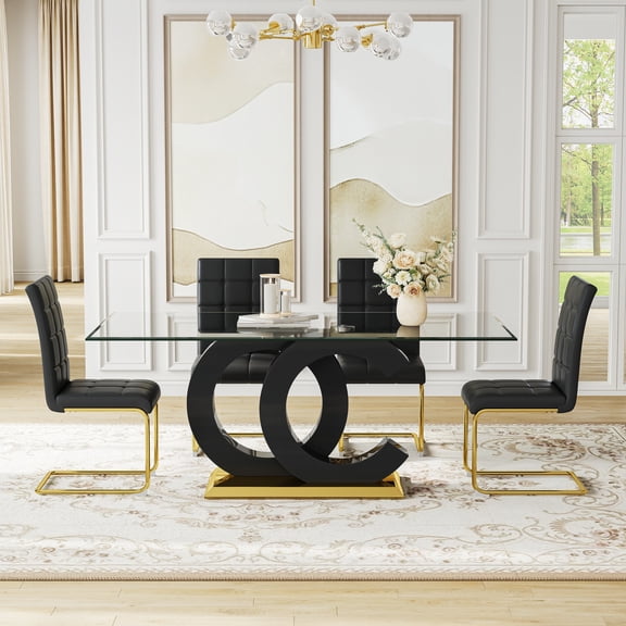 5-Piece 70" Glass Dining Table set, Tempered Glass Tabletop with OC Shape Frame & Stainless Steel Base, 4 PU Cantilever Chairs with Stainless Steel Legs