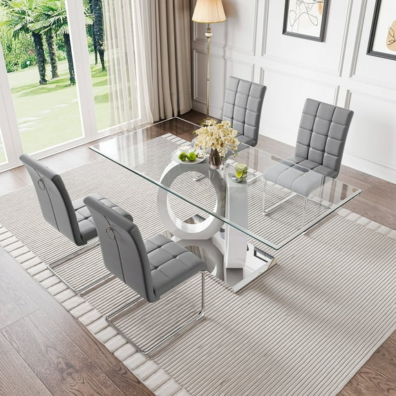 5-Piece 70" Glass Dining Table set,Tempered Glass Tabletop with Double O-Shape Frame & Stainless Steel Base, 4 PU Chairs with Metal Legs