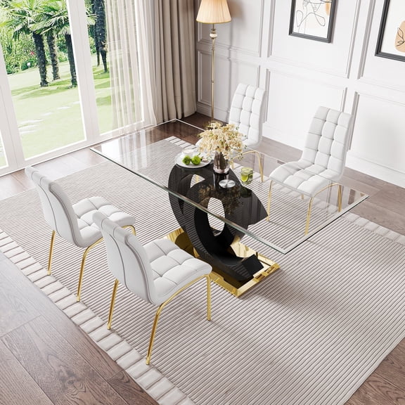 5-Piece 70" Glass Dining Table set,Tempered Glass Tabletop with OC Shape Frame & Stainless Steel Base, 4 PU Chairs with Metal Legs