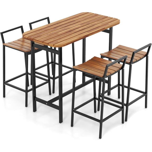 5 Piece Acacia Wood Bar Table Set, Outdoor Bar Height Table & Chairs with Metal Frame & Footrest, Patio Bar Table Set for 4, Patio Furniture Bistro Set for Deck, Garden & Poolside
