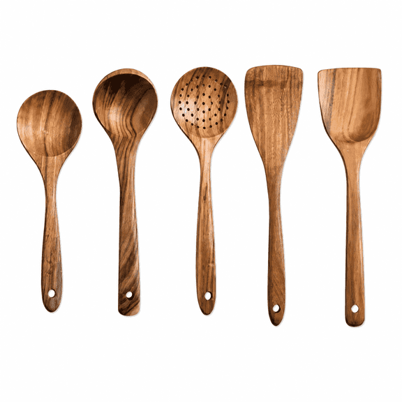 5-Piece Kitchen Tool Kit Cooking Utensils Set, Wooden Ladle Spatula Cookware Accessory, Acacia Wood Non-Scratch Kitchen Tools