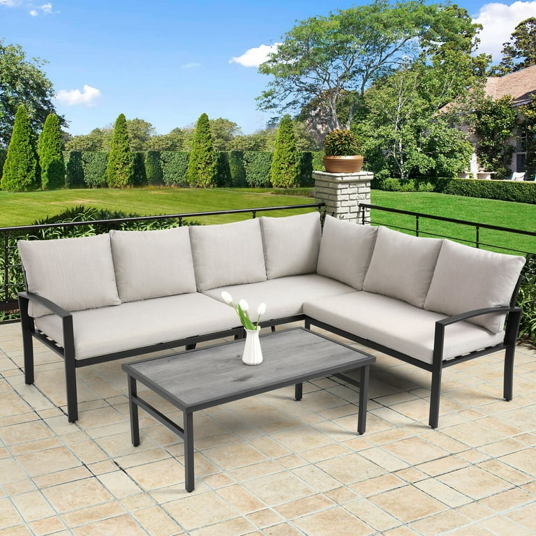 Segmart 4 Piece Outdoor Patio Conversation Sets Metal Furniture Sets with Thick Cushions and Wood Table Sectional Sofa for Porch Garden Backyard