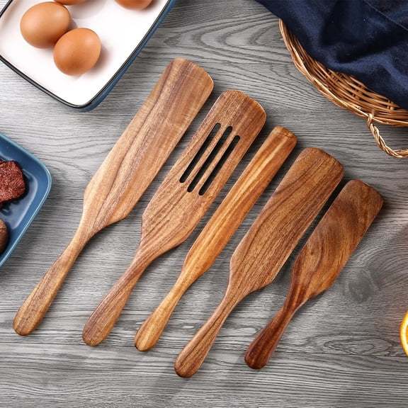 5-Piece Acacia Wood Spurtle Set Non-Scratch Kitchen Utensils Safe for Non-Stick Cookware, Heat-Resistant for Stirring, Mixing & Serving, Gift for Cooks