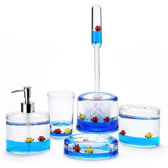 5-Piece Acrylic Fish-Themed Floating Motion Bathroom Set Toothbrush Holder, Tumbler, Soap Dispenser, Soap Dish, Toilet Brush Holder