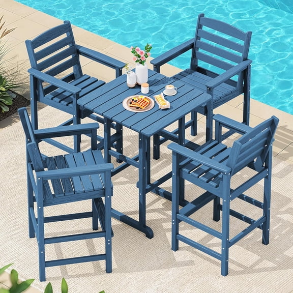 5-Piece Adirondack Bar Chair Set, HDPE Adirondack Barstools with Pub Table, Outdoor Patio Bar Furniture for Bistro, Balcony, Poolside, Garden - Blue