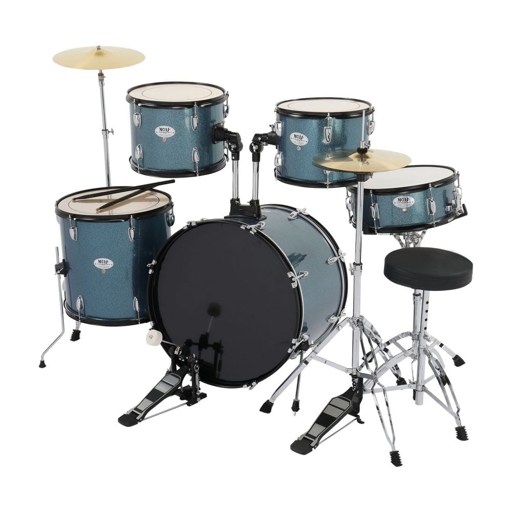 5-Piece Adult Drum Set, 22 Inch Full-Size Drums Kit with Cymbal Stands, Hi-Hat Stand, Sticks, Drum Pedal, Stool & Floor Tom for Beginner Teens Student (Blue)