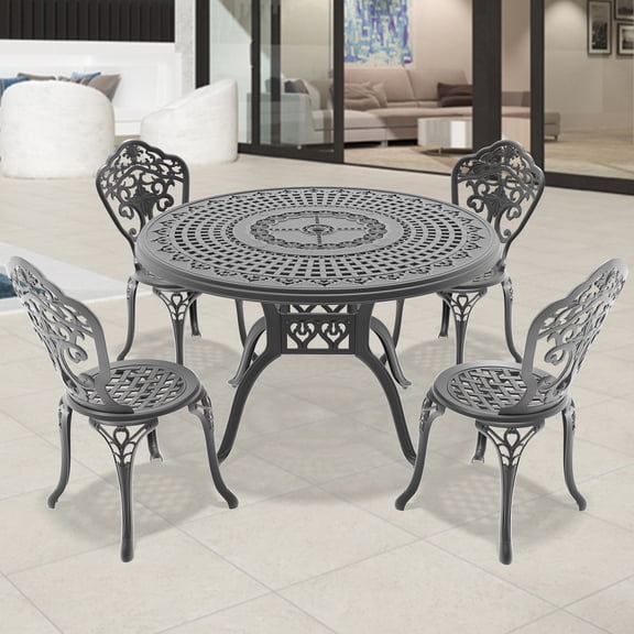 5-Piece All-Weather Aluminum Set - Exquisite Carved Design - Outdoor Dining and Relaxation - Elegant Atmosphere Creation