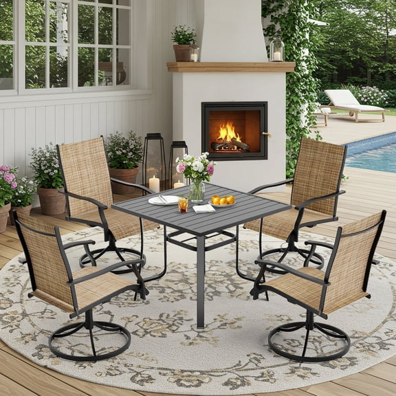 5-Piece All-Weather Patio Dining Set with 4 Textilene Swivel Chairs & Iron Table, Adjustable Umbrella Hole (1.57"-1.97") for Deck, Poolside, Backyard, Lawn (Brown/Gray/Blue)
