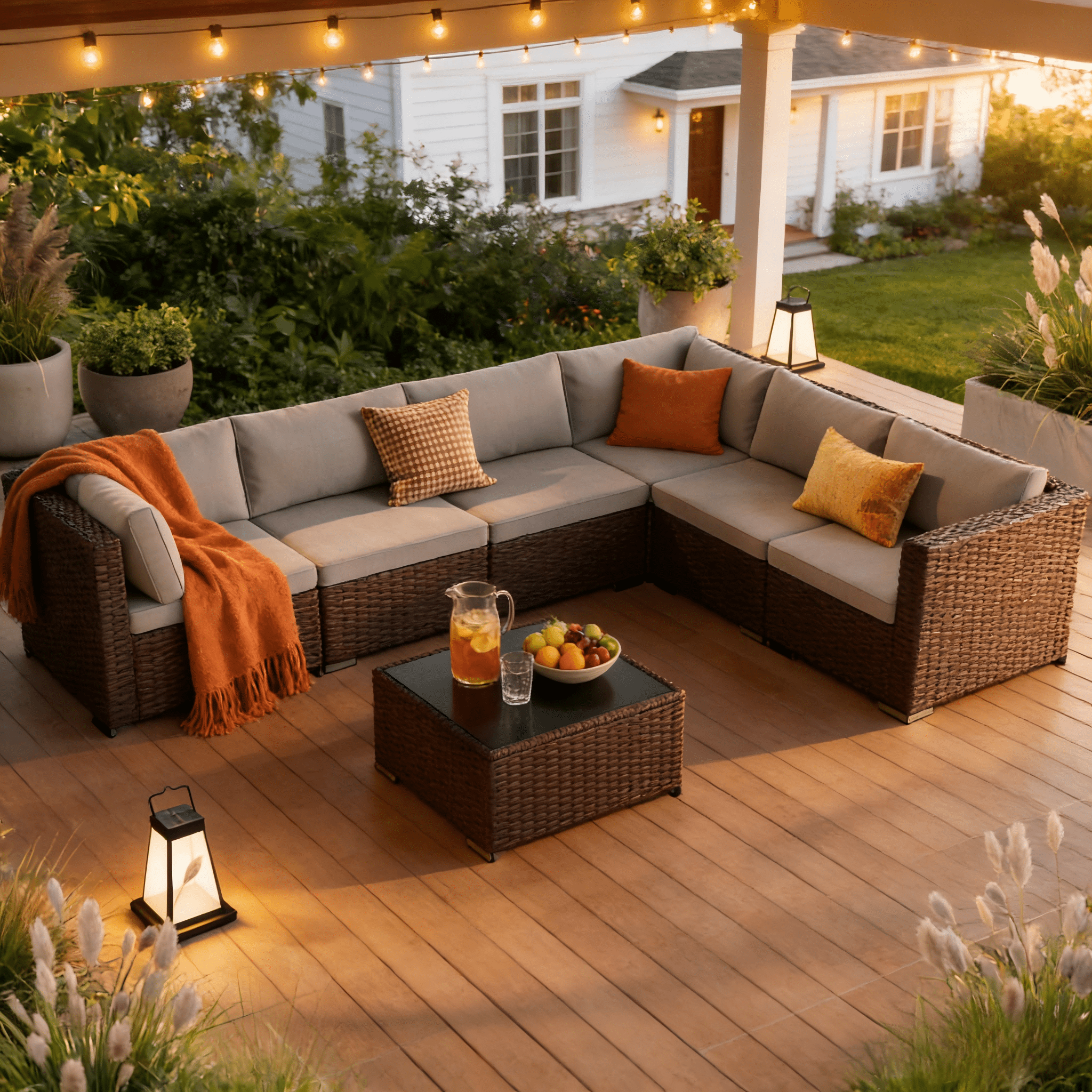 Lofka 7-Piece PE Rattan Patio Furniture Set, All-Weather Outdoor Sectional Sofa with Glass Coffee Table & Waterproof Gray Cushions, Modular Wicker Conversation Set for Backyard, Garden, Poolside