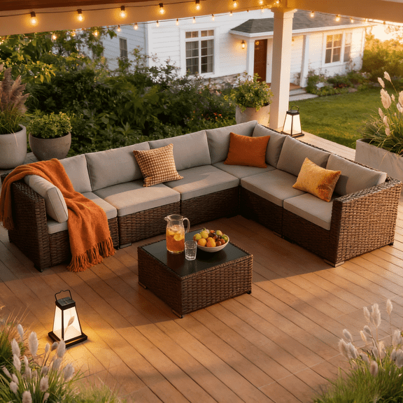 Lofka 7-Piece PE Rattan Patio Furniture Set, All-Weather Outdoor Sectional Sofa with Glass Coffee Table & Waterproof Gray Cushions, Modular Wicker Conversation Set for Backyard, Garden, Poolside