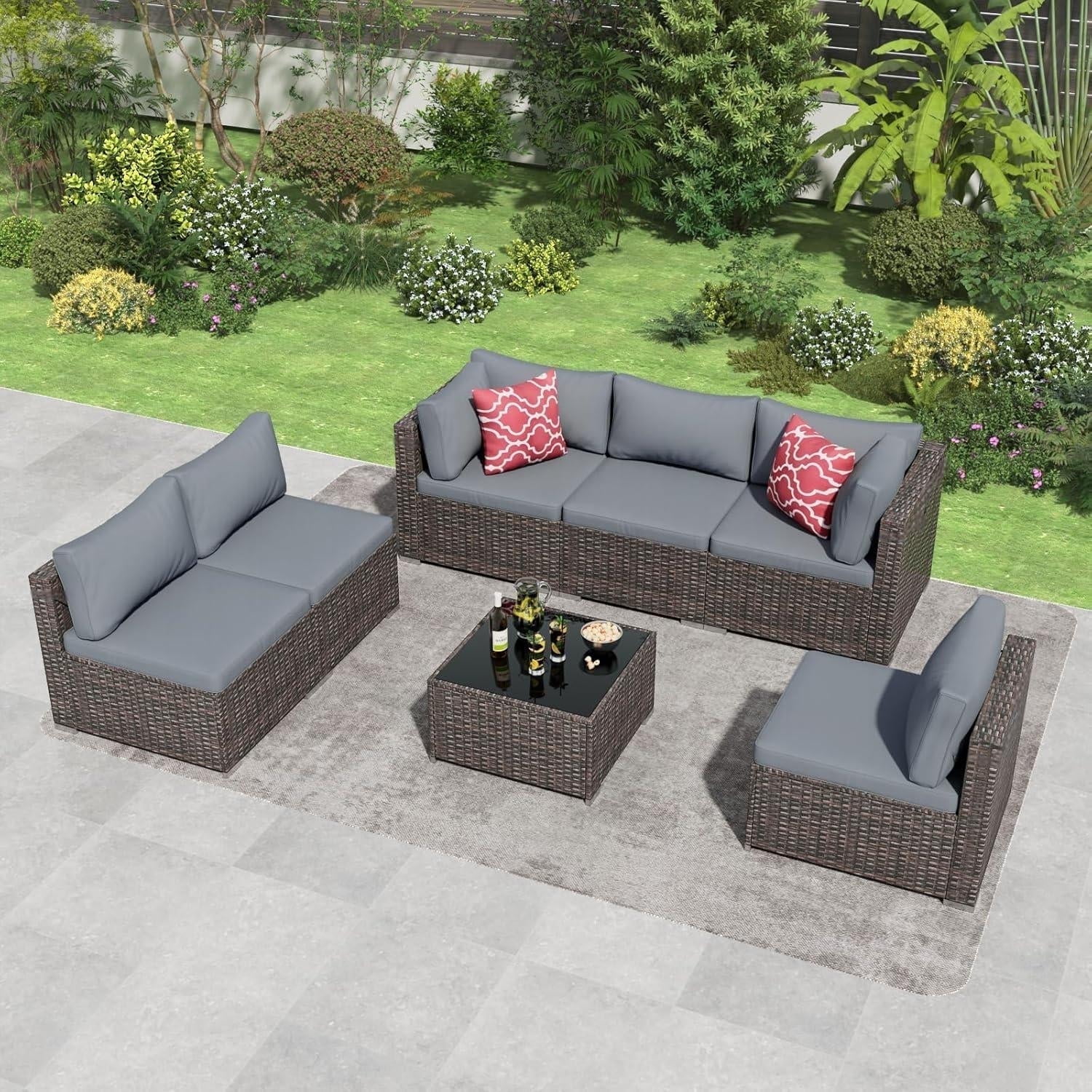 7-Piece All-Weather Patio Furniture Set with Coffee Table & Waterproof Cushions, Outdoor Sectional Couch, Gray