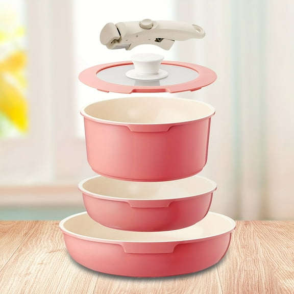 5-Piece Aluminum Ceramic Nonstick Cookware Set with Detachable Handle, Includes Soup Pot Frying Pan, Multi-Use Kitchen Pots and Pans Set