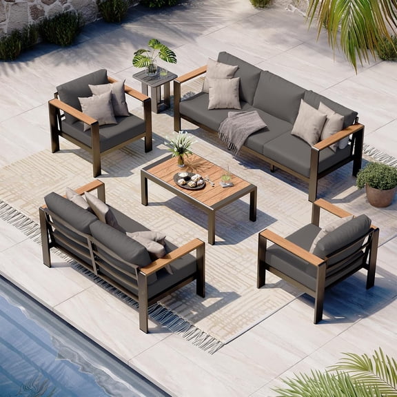 5 Piece Aluminum Outdoor Furniture Set with Coffee Table, Washable Thick Cushions for Porch, Balcony, Deck, Yard, Customized