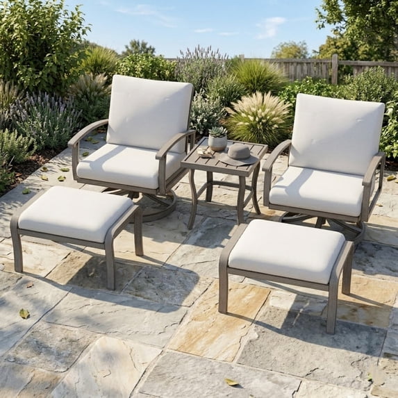 5 Piece Aluminum Outdoor Patio Furniture Set, Swivel Rocker Patio Chairs with Ottomans and Side Table, Balcony Furniture, Patio Conversation Set for Porch Garden