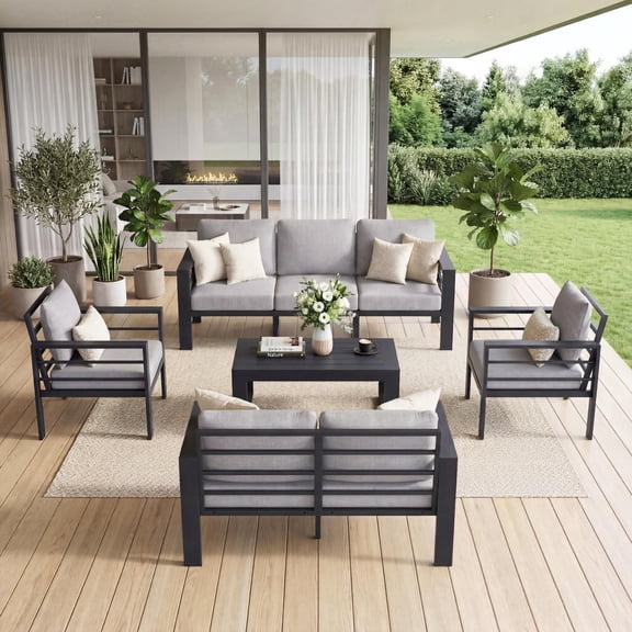 5-Piece Aluminum Outdoor Sectional Sofa Set with 4" Thick Cushions, All-Weather Rust-Resistant Patio Furniture with Coffee Table & Ergonomic Deep Seating (Light Gray Cushions)
