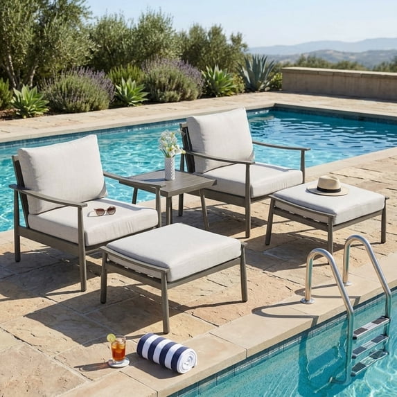 5-Piece Aluminum Patio Conversation Set, Patio Furniture Set with Rope Back Armchairs & Ottomans with 4" Cushions