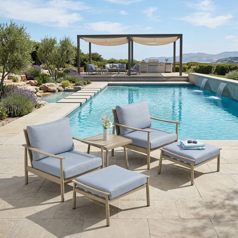 5-Piece Aluminum Patio Conversation Set, Patio Furniture Set with Rope Back Armchairs & Ottomans with 4" Cushions