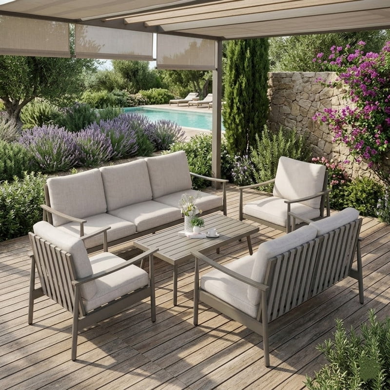 5 Piece Aluminum Patio Furniture Set, Outdoor Sectional Sofa with Coffee Table, Garden Conversation Set with Loveseat and 3-Seat Sofa