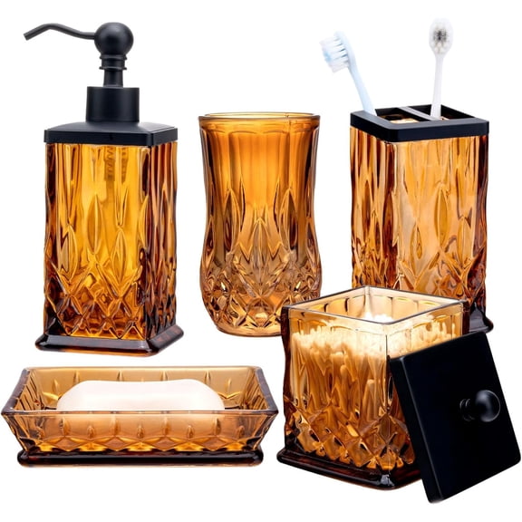 5-Piece Amber Glass Bathroom Accessories Set with Soap Dispenser Toothbrush Holder Soap Dish Tumbler and Lidded Jar Square Style
