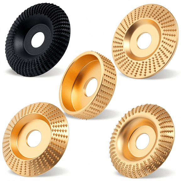5-Piece Angle Wood Carving Disc Set, Carbon Steel Grinding Shaping Discs for 4 to 5 Inch , Includes 3 Reducing Bushings