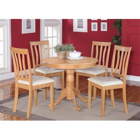 5 -Piece Antique Round Kitchen 36 in. Table and 4 Chairs with Faux Leather seat