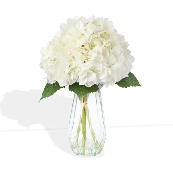5-Piece Artificial Hydrangea Arrangement in Glass Vase - Fade-Resistant Silk Flowers with Faux Water for Table Centerpieces-White
