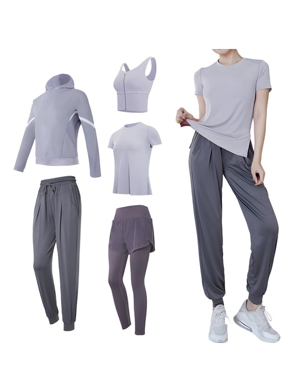 5 Piece Athletic Wear Set for Women, Yoga Outfits, Long Sleeve Workout Clothing, XXL, Moisture-Wicking Breathable Textile, Adaptable Style
