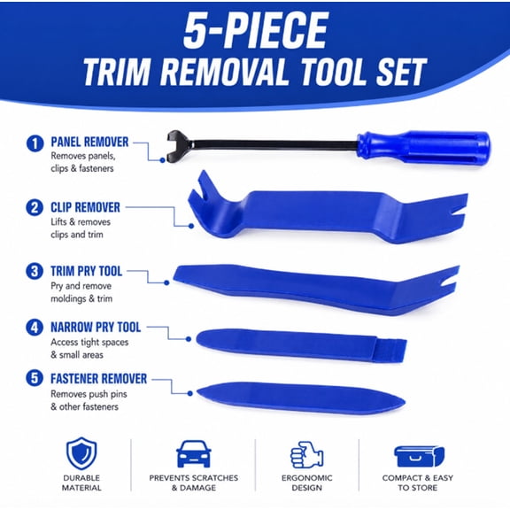 5 Piece Auto Trim Removal Tool Kit, Car Panel Pry Tool Set with Clip Fastener Remover, TIKA
