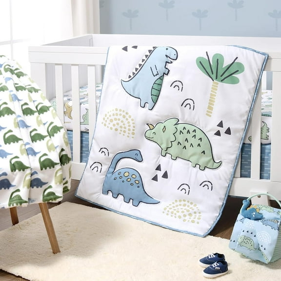 5 Piece Baby Crib Bedding Set for Boys - Newborn, Infant & Toddler Nursery Bed Set Decor with Fitted Crib Sheets, Blanket, Dust Ruffle Comforter - Blue Dino