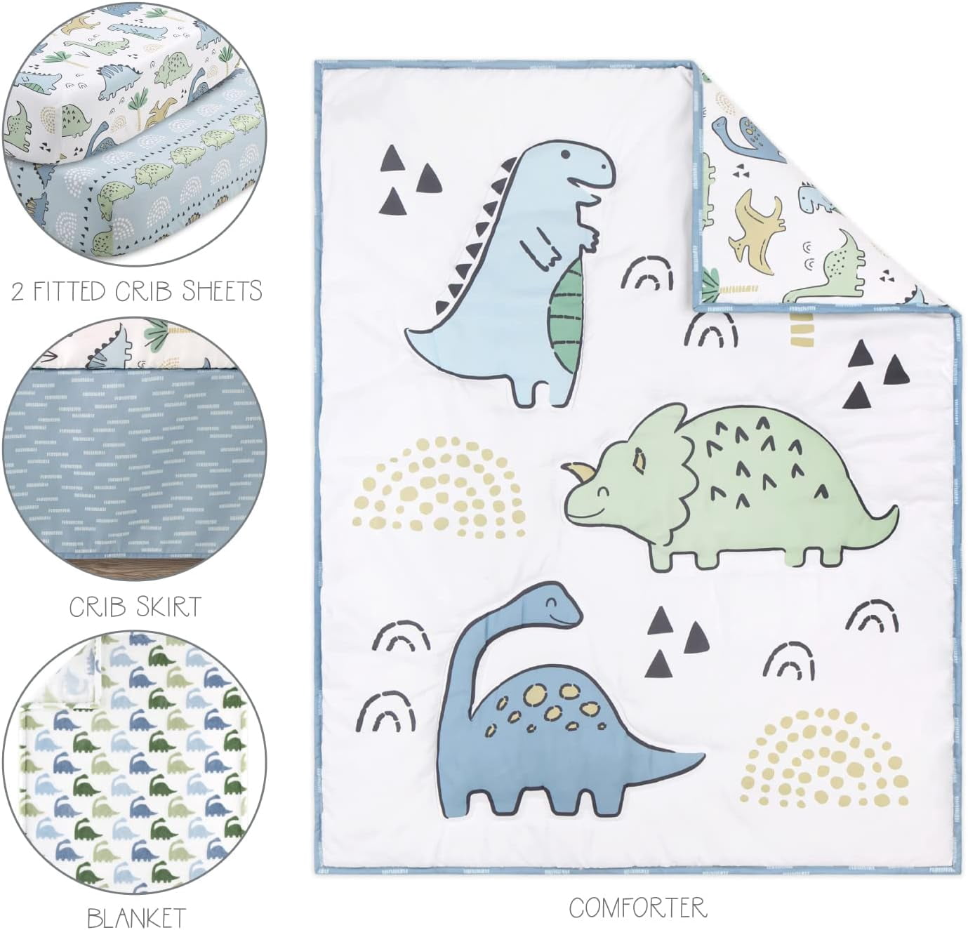 5 Piece Baby Crib Bedding Set for Boys - Newborn, Infant & Toddler Nursery Bed Set Decor with Fitted Crib Sheets, Blanket, Dust Ruffle Comforter - Blue Dino