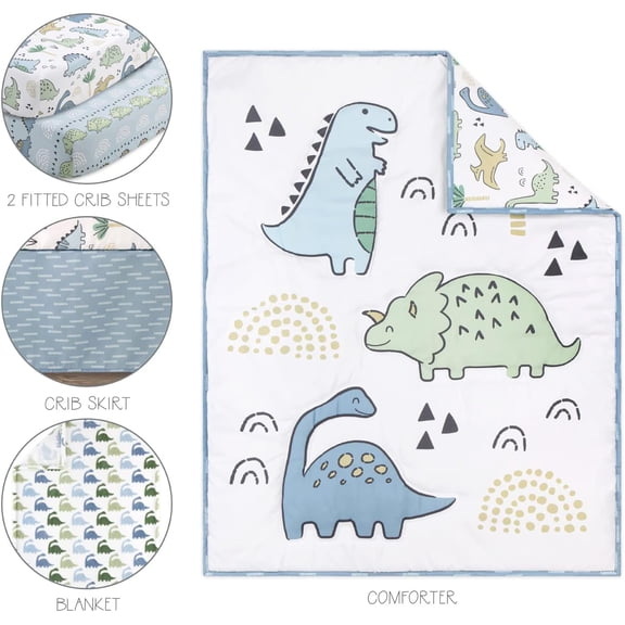 5 Piece Baby Crib Bedding Set for Boys - Newborn, Infant & Toddler Nursery Bed Set Decor with Fitted Crib Sheets, Blanket, Dust Ruffle Comforter - Blue Dino