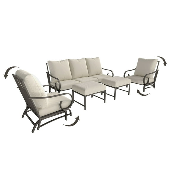 5 Piece Backyard Patio Furniture Set, Outdoor Furniture Set with 2 Rocking Chairs, 3-Seat Sofa, and 2 Ottomans, Beige