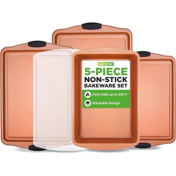 5-Piece Bakeware Set  Premium Non-Stick, Stackable Kitchen Baking Pans with Silicone Handles  Includes 3 Cookie Sheets, Baking Pan & Lid  Perfect for Cakes, Cookies & Brownies