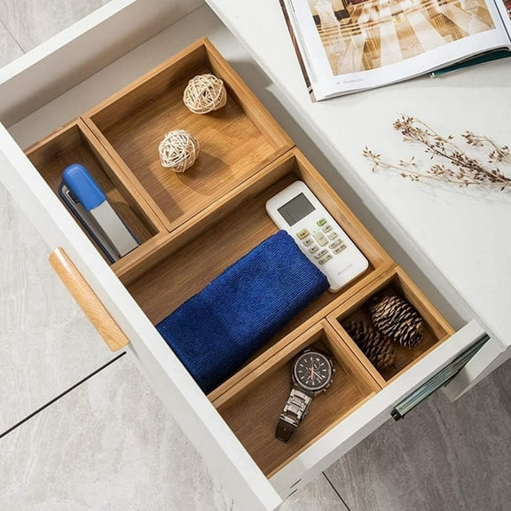 Bamboo Drawer Organizer with Adjustable Wood 2 Drawer Dividers, Stackable Makeup Desk Junk Storage Boxes Container Trays with 7 Grid for Kitchen Utensils,Bathroom, Office
