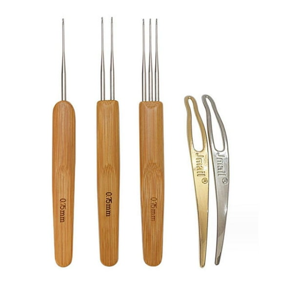 5-Piece Bamboo Handle Dreadlock Crochet Hook Set with Steel Needles for Braiding and Hair Locking