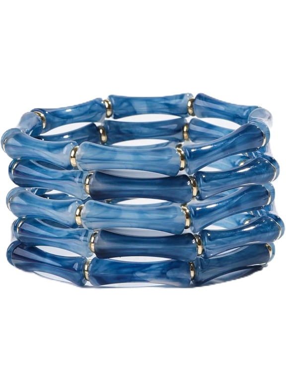 5-Piece Bamboo Tube Stretch Bracelet Set - Blue Acrylic Stackable Bangles with Gold-Tone Accents for Women, 6.29in Inner Circumference, Chunky Layering Jewelry