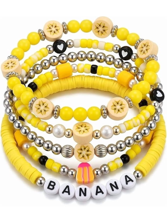 5 Piece Banana Baseball Fan Bracelets Stackable Stretch Beaded Sports Fan Party Favor Jewelry