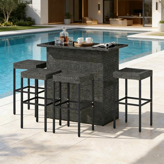 5-Piece Bar Height Pool Furniture Set – Outdoor Rattan Wicker Bar Table and Chairs Set for Backyard, Patio, Deck, Poolside