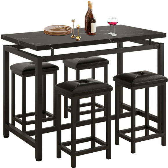 5 Piece Bar Table Set, Kitchen Counter Height Table with 4 Stools, Space Saving Pub Table Set for 4 Person with Metal Frame, Wood Dining Table & Chair Set for Breakfast Nook Pub Bistro, B945