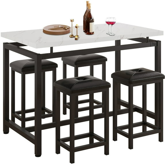 5 Piece Bar Table Set, Kitchen Counter Height Table with 4 Stools, Space Saving Pub Table Set for 4 Person with Metal Frame, Wood Dining Table & Chair Set for Breakfast Nook Pub Bistro, B1422